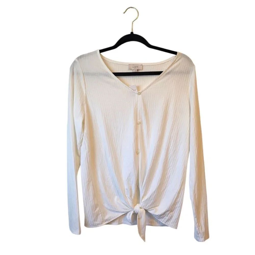 Loft Outlet Women's White Ribbed Tie Front Henley Shirt Size S NWT